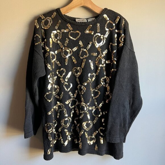 Kathie Lee Collection Sweaters - LAST CHANCE Vintage Kathie Lee Black and Gold Heart Sequin Knit Sweater Large